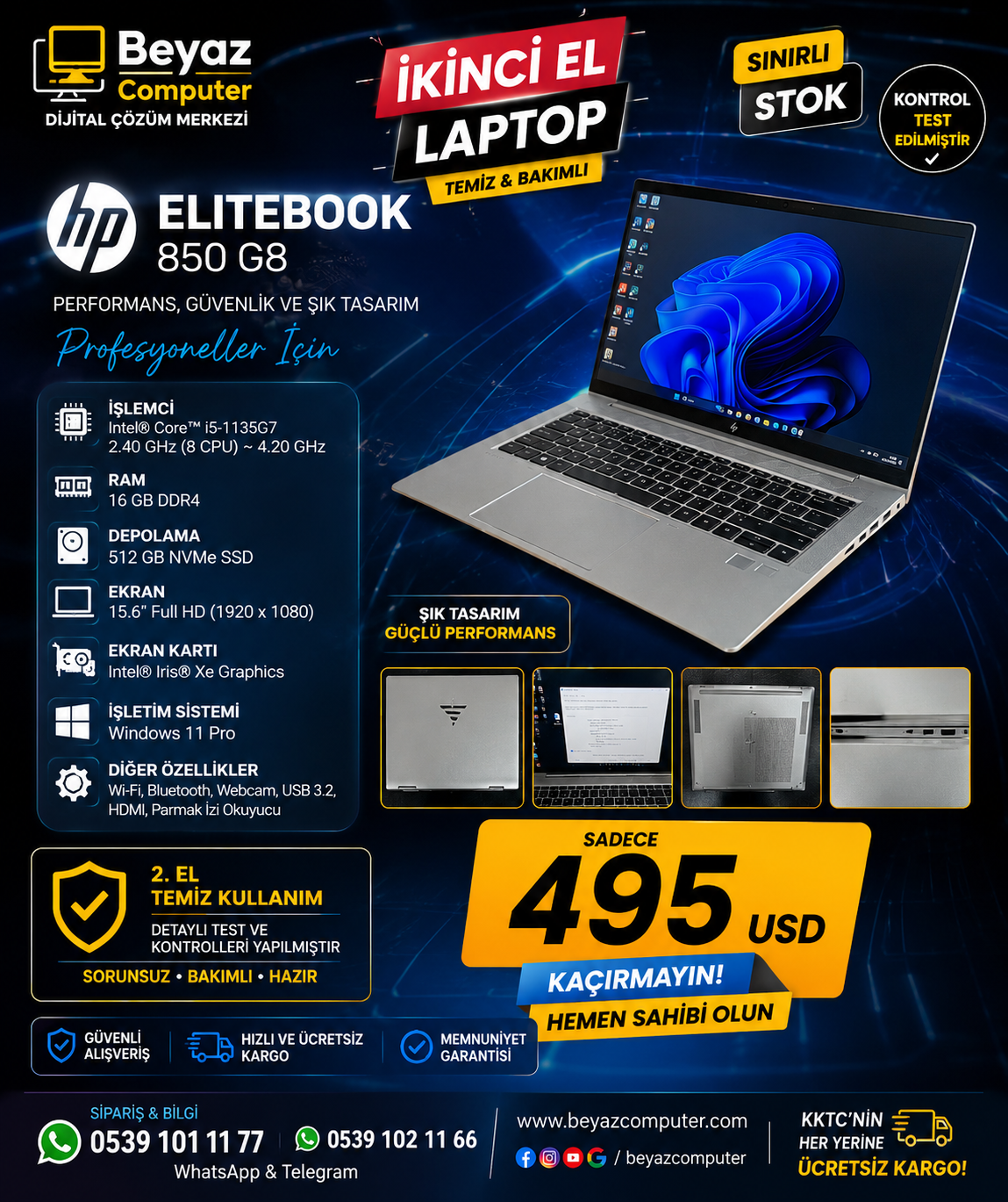 2.EL HP EliteBook 850 G8 15.6" Dizüstü Bilgisayar, Intel i5 1145G7 2.6GHz, 16GB DDR4 RAM, 512GB NVMe M.2 SSD, 1080p Full HD, Thunderbolt 4, Web Kamerası, Windows 11 Pro